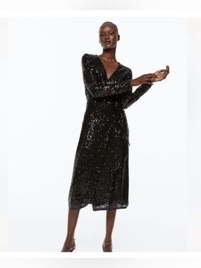 H&M Black Sequin Wrap V-Neck Long Sleeve Midi Dress